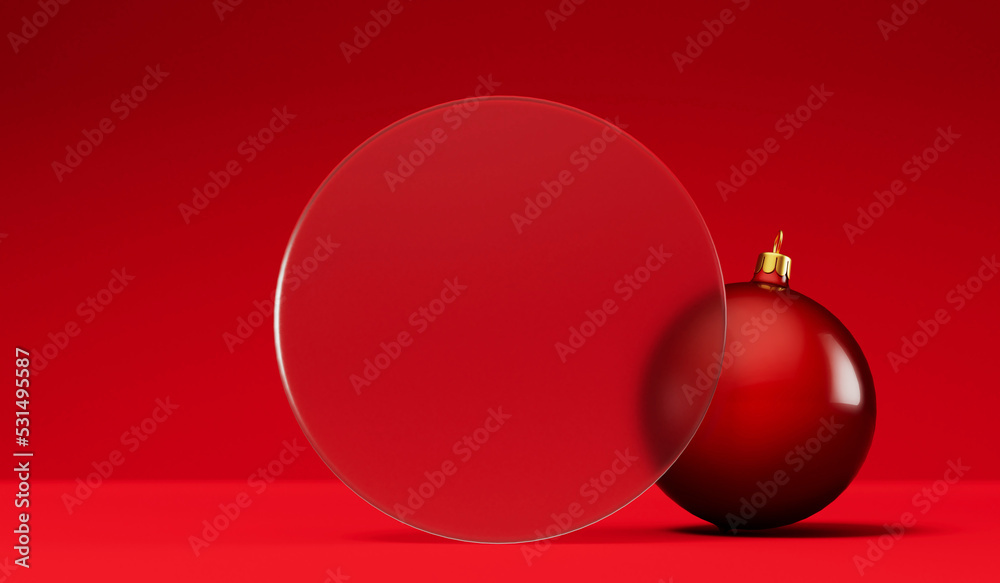Christmas festive background. Red bauble decorations with a blank frosted glass banner. 3D Rendering Christmas festive background. Red bauble decorations with a blank frosted glass banner. 3D Rendering