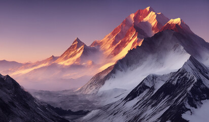 Sunset view of the Himalayas near the Himalayan mount mt Everest - Beautiful and dramatic sky with the peaks of the mountain rage rising above the rolling fog.