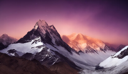Sunset view of the Himalayas near the Himalayan mount mt Everest - Beautiful and dramatic sky with the peaks of the mountain rage rising above the rolling fog.