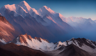 Sunset view of the Himalayas near the Himalayan mount mt Everest - Beautiful and dramatic sky with the peaks of the mountain rage rising above the rolling fog.