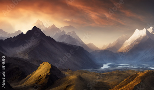 Canvas Print Sunset view of the Himalayas near the Himalayan mount mt Everest - Beautiful and dramatic sky with the peaks of the mountain rage rising above the rolling fog