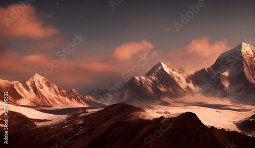 Sunset view of the Himalayas near the Himalayan mount mt Everest - Beautiful and dramatic sky with the peaks of the mountain rage rising above the rolling fog.