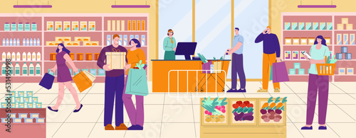 Selling vegetables, supermarket shopping with trolley. Family buy on market. Grocery store customers, cartoon people and shelves with products, kicky vector scene