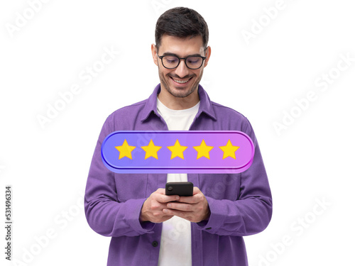 Five star rating icon and male customer giving excellent feedback via phone app photo
