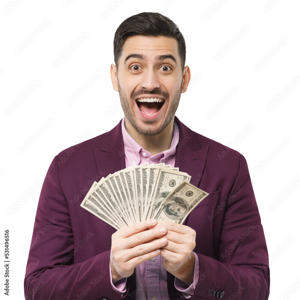 Successful excited man in suit holding bunch of money cash Successful excited man in suit holding bunch of money cash