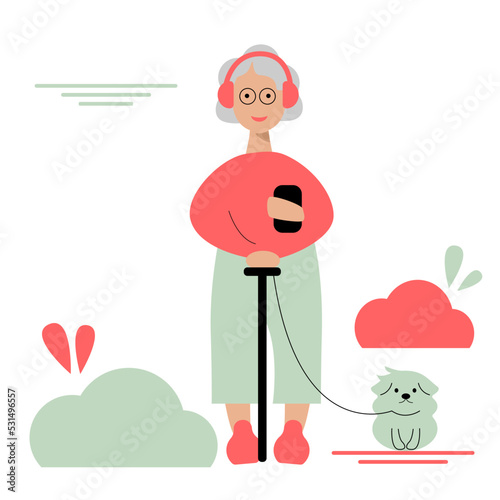 Grandma on a walk listening to music on her headphones. Walking with the dog in the park. Concept vector illustration, flat design..