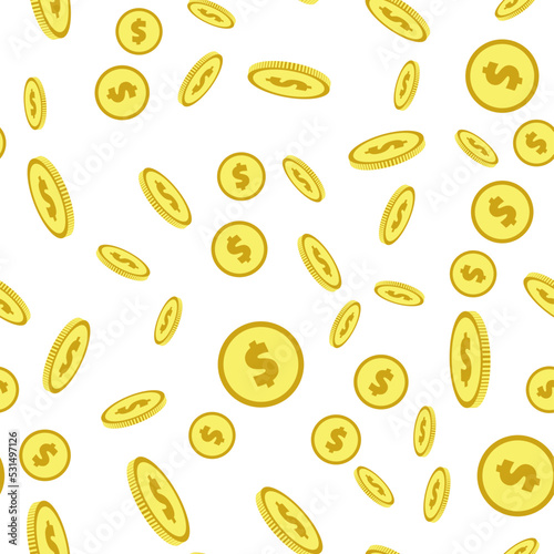Abstract falling golden coins seamless pattern. Golden money rain. Repeating background with dollar signs randomly placed on white. Vector eps8 illustration.
