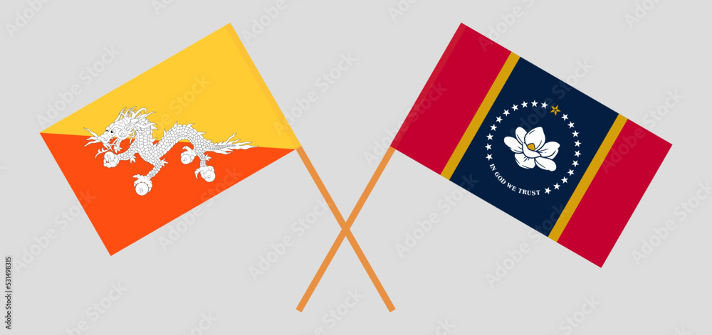 Crossed flags of Bhutan and The State of Mississippi. Official colors. Correct proportion Crossed flags of Bhutan and The State of Mississippi. Official colors. Correct proportion