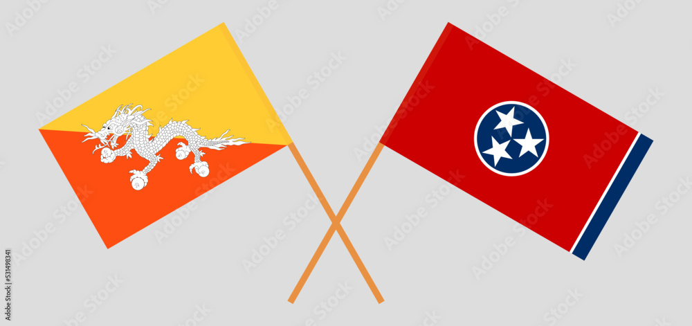 Crossed flags of Bhutan and The State of Tennessee. Official colors. Correct proportion Crossed flags of Bhutan and The State of Tennessee. Official colors. Correct proportion