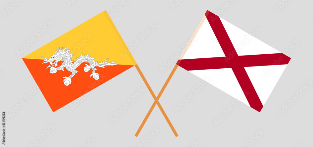 Crossed flags of Bhutan and The State of Alabama. Official colors. Correct proportion Crossed flags of Bhutan and The State of Alabama. Official colors. Correct proportion
