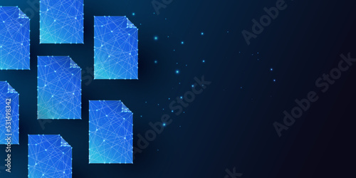 Futuristic paper documents on dark blue background horizontal banner. Glowing low polygonal style.