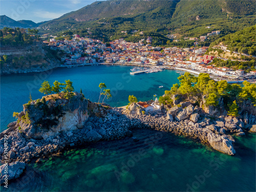 Aerial drone view of parga and island of Panagia,Greece photo
