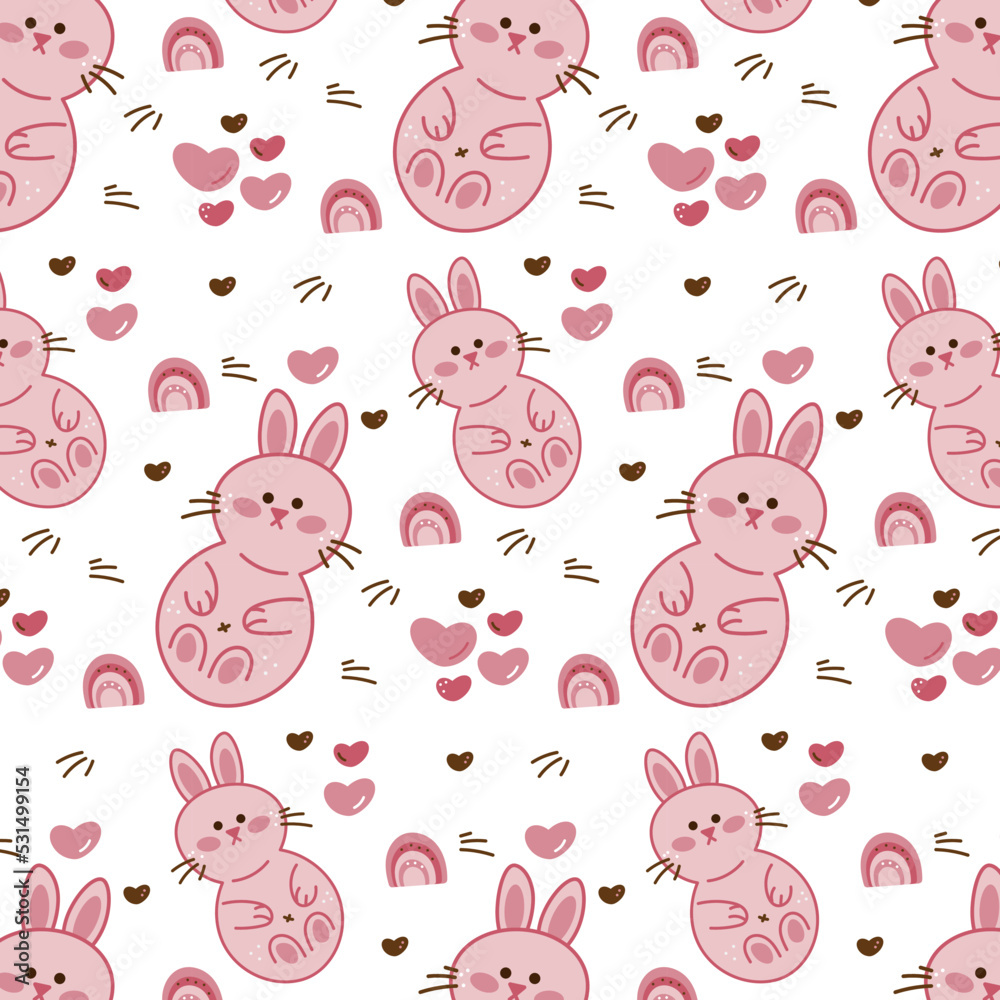 Rabbit pattern. Seamless pattern with cute bunny, hearts and rainbow.