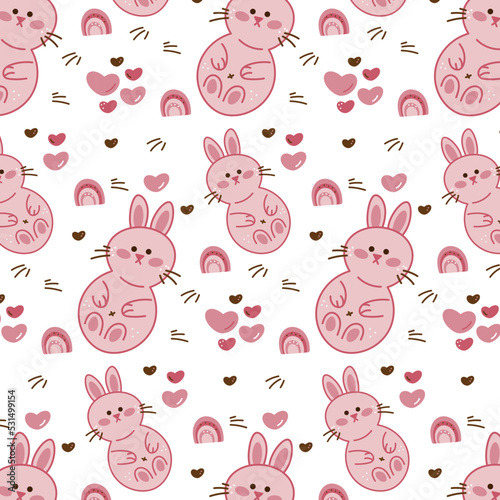 Rabbit pattern. Seamless pattern with cute bunny  hearts and rainbow.