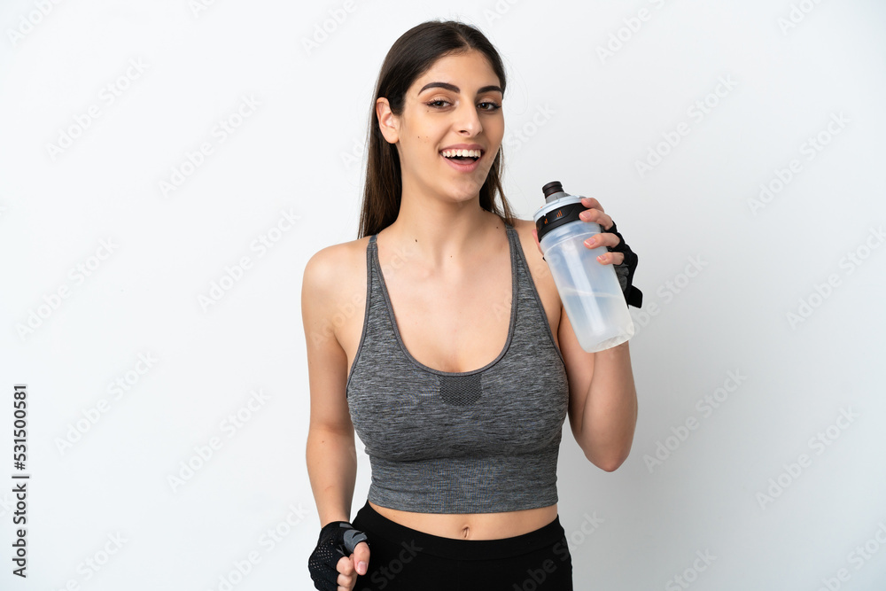 Young caucasian woman isolated on white background with sports water bottle Young caucasian woman isolated on white background with sports water bottle