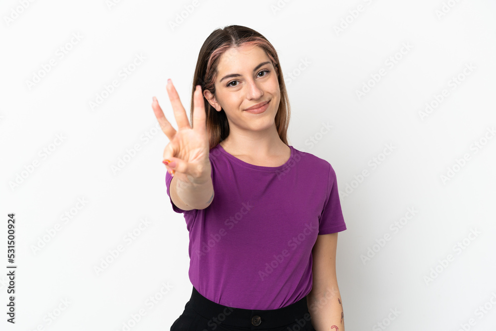 Young caucasian woman isolated on white background happy and counting three with fingers Young caucasian woman isolated on white background happy and counting three with fingers
