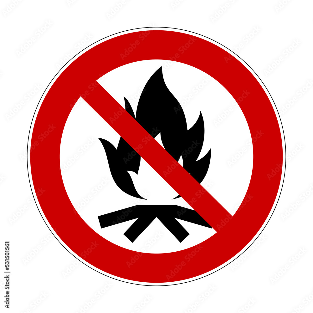 No campfire sign. Vector illustration of red crossed out circle sign with bonfire icon inside. Lighting fire is prohibited. Prohibition symbol isolated on white background. No campfire sign. Vector illustration of red crossed out circle sign with bonfire icon inside. Lighting fire is prohibited. Prohibition symbol isolated on white background.