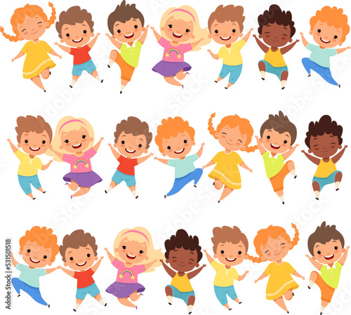 Jumping kids groups. Girls and boys jump, little cartoon children with happy faces and expression poses