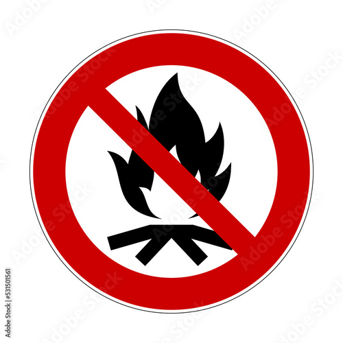 No campfire sign. Vector illustration of red crossed out circle sign with bonfire icon inside. Lighting fire is prohibited. Prohibition symbol isolated on white background.