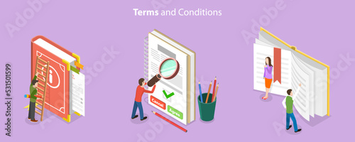 3D Isometric Flat Vector Conceptual Illustration of Terms And Conditions, User Manual Guide Book