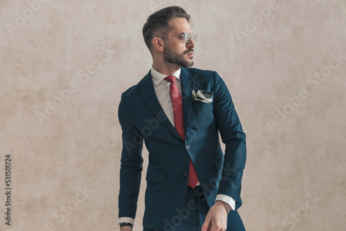 Fotografie, Obraz sexy bearded man wearing navy blue suit with red tie and handkerchief