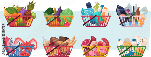 Shopping carts. Grocery products from market natural food fruits milk meat and vegetables exact vector grocery basket