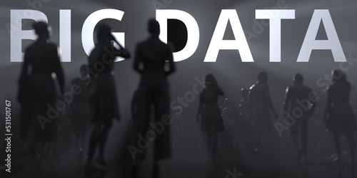BIG DATA text and backlit anonymous crowd conceptual 3d rendering