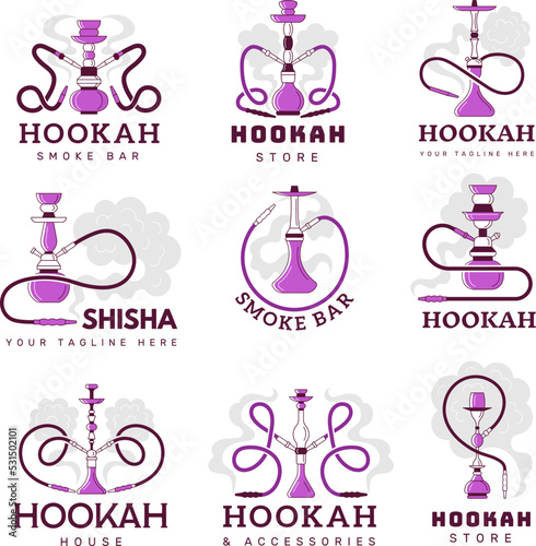 Hookah labels. Smoking lounge club in oriental arabian style logo recent vector hookah stylized pictures