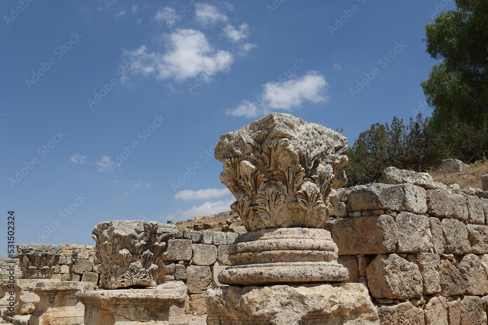 corinthian capitals in jerah archaeological site