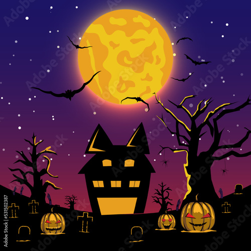 vector illustration Halloween silhouette with elements Trees, full moons, castles, pumpkins, funerals, bats.