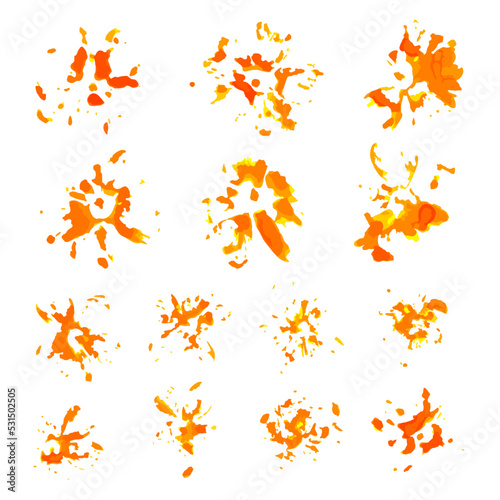 Ink prints of marigold flower petals. Orange inky blots collection. Handmade set of formless imprints, stains, splashes and spots. Decorative elements pack for creatives. EPS8 vector illustration.