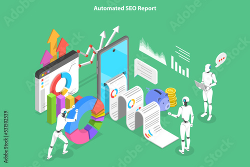3D Isometric Flat Vector Conceptual Illustration of Automated SEO Report, Website Optimization and Ranking Improvement