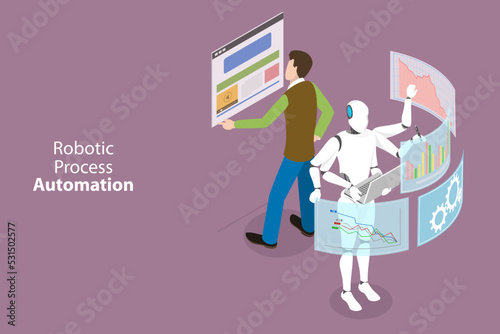 3D Isometric Flat Vector Conceptual Illustration of Robotic Process Automation, Human vs Robot