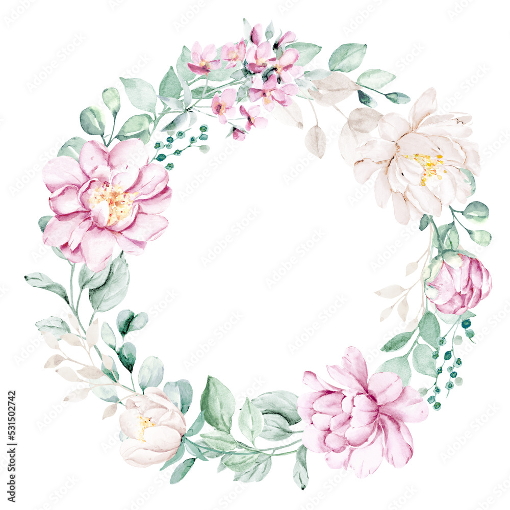 Wreath, floral frame, water color flowers pink peonies, Illustration hand painted.  Perfectly for greeting card design.