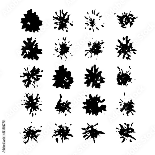 Abstract ink blots collection. Set of formless imprints, stains, splashes and spots. Pack of shapeless silhouettes. Black inky prints similar to viruses or bacteria. EPS8 vector illustration.