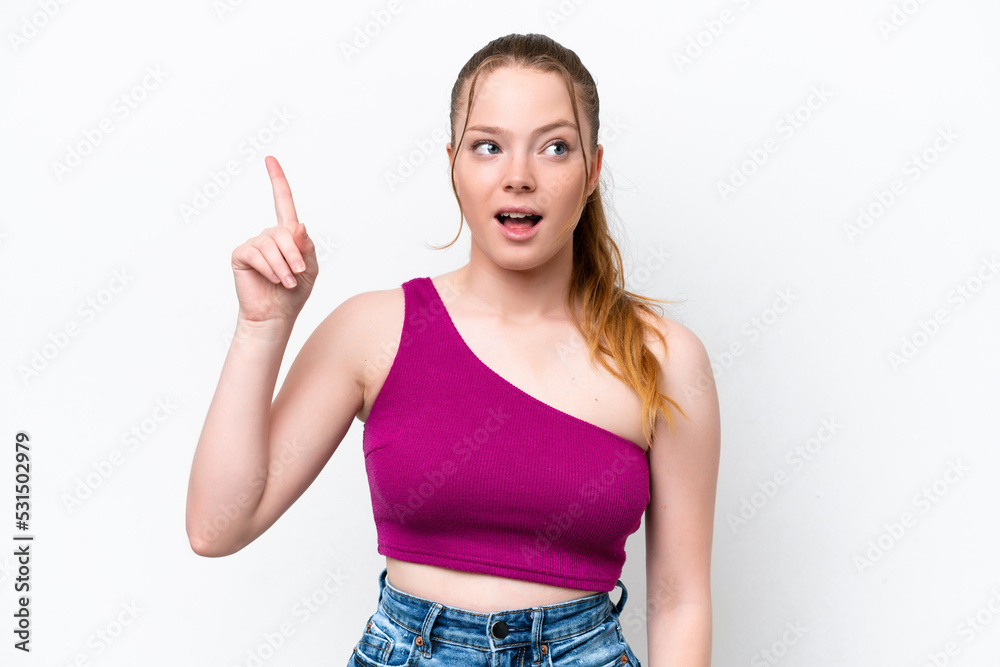 Young caucasian girl isolated on white background thinking an idea pointing the finger up Young caucasian girl isolated on white background thinking an idea pointing the finger up