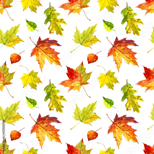 Autumn. Seamless pattern. Autumn leaves painted in watercolor. The leaves are yellow-green, red-orange. Packaging design, fabrics, etc.