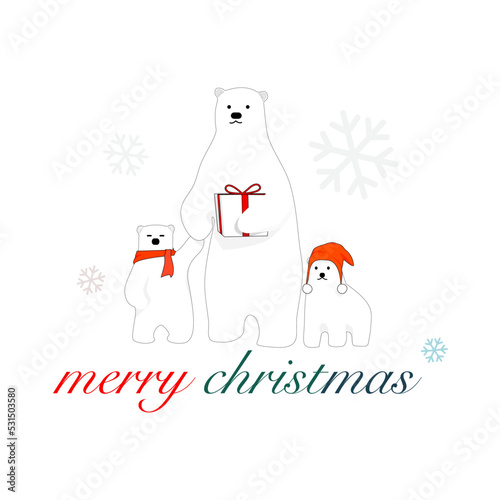 polar bear family  The mother bear stood holding a gift box and held the hand of a polar bear who was wearing a red and wearing a red knit hat.Vector illustration,greeting cards for Christmas ideas.