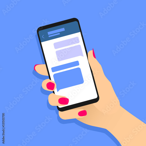 Wallpaper Mural Female hand holding smartphone with text messages. Chat bubbles on phone screen. Messaging mobile application concept. Woman using cell phone for communication, conversation. Vector EPS8 illustration. Torontodigital.ca