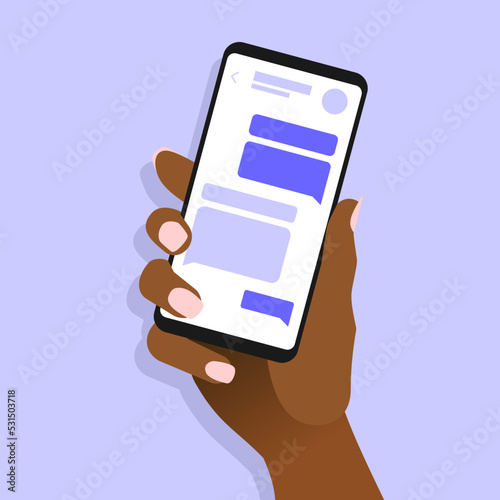 Arfo-american female hand hold phone with chat messages. Speech bubbles on smartphone screen. Messaging mobile app concept. African woman using phone for online conversation. Vector EPS8 illustration.