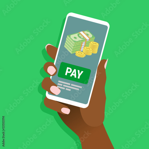 Afro-american female hand hold smartphone with pay message on screen. African woman showing cell phone with banknotes and golden coins on display. Payment concept for online e-commerce. Flat vector EP