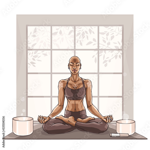 Meditating woman. Vector illustration of a person practicing deep meditation.