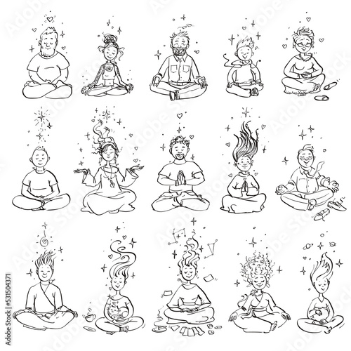 Meditating people. Set of cartoon vector drawings.