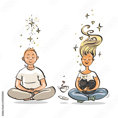 Meditating People. Cartoon vector drawing of a Couple practicing together, while holding a cat and having a cup of coffee. Funny cute characters. Soul mates