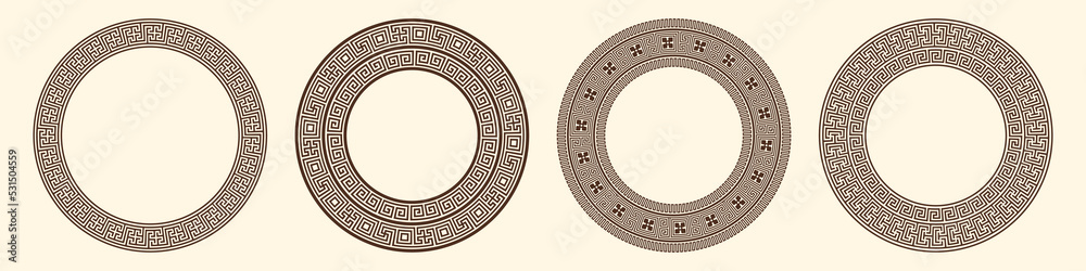 Fototapeta premium Greek key pattern, round frames collection. Decorative ancient meander, greece border ornament set with repeated geometric motif. Vector EPS10.