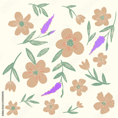 Vintage background with flowers. Vector print. Beige  violet  green colours plants illustration.