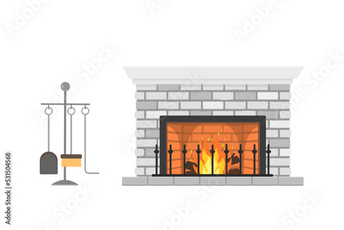 Retro fireplace with accessories on white background. Home interior concept. Cartoon flat style. Vector illustration