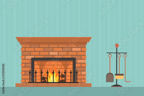 Retro fireplace with accessories on wall background. Home interior concept. Vector illustration. Cartoon flat style