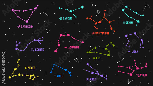 Constellations in starry sky. Bright constellation with stars, leo gemini sagittarius aries and pisces. Acid colors vector poster for study astronomy and astrology