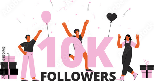 Followers 10K anniversary vector banner. Subscribers celebrate, happy teens party with confetti and gifts. Social media festive post for subscriber, prize drawing and presents